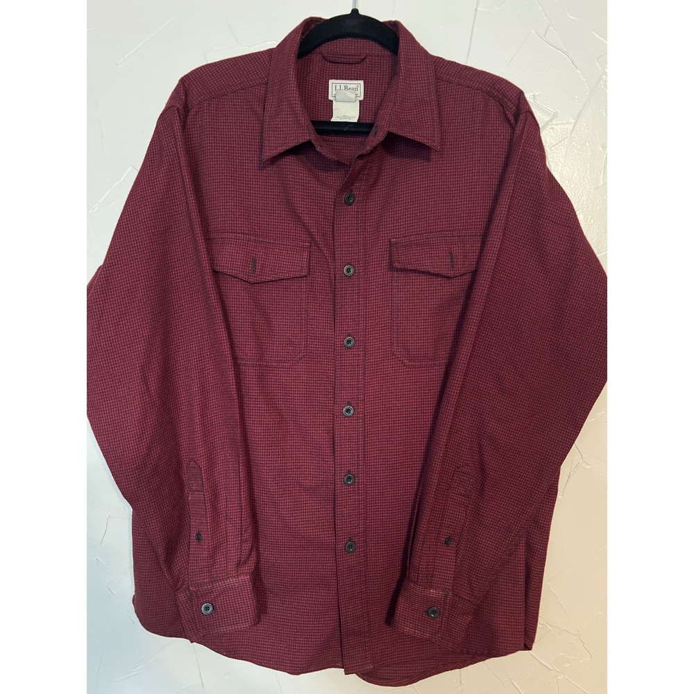 LL Bean Wicked good Mens L Burgundy Excellent Houndstooth Flannel Style